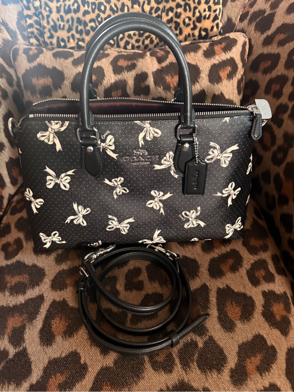 Coach Black Satchel with White Bow Print